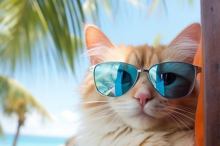 Cat in sunglasses on the beach. tropical vacation concept banner with copy space for textの素材
