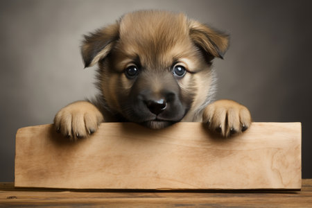Cute german shepherd puppy dog with space for text holding a blank sign for mockupの素材