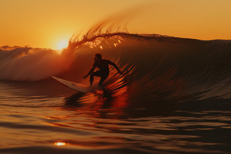 Adventurous surfer riding powerful ocean wave, allowing ample room for customized text placementの素材