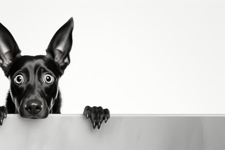 Funny black dog holding blank sign mock up with copyspace for custom text or designの素材