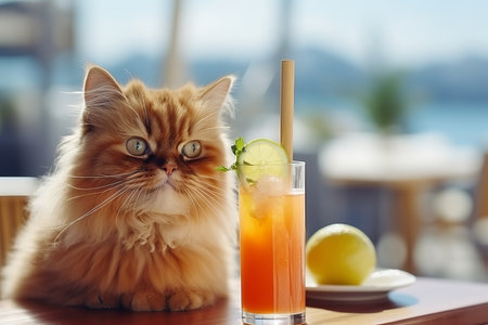 Adorable cat with tropical cocktail on sandy beach, relaxing vacation concept, blank space for textの素材