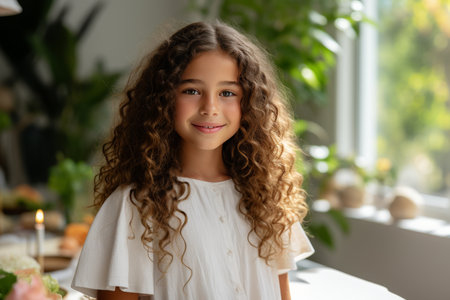 Beautiful girl with curly hair looking at the camera and smiling, natural beauty portraitの素材