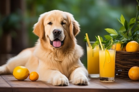 Adorable labrador retriever dog enjoying a cocktail with tropical vacation concept and copy spaceの素材