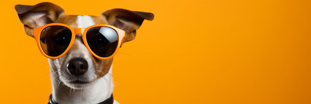 Jack russell dog in sunglasses with space for vacation concept text on orange background bannerの素材