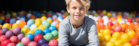 Banner Happy boy in fun childrens shopping center playing in a dry pool with colorful ballsの素材