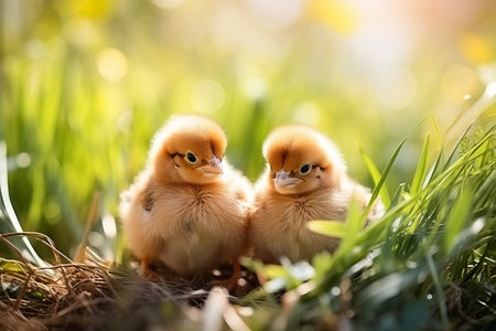Playful and cute yellow chicks frolicking on vibrant green grass with expansive outdoor copy spaceの素材