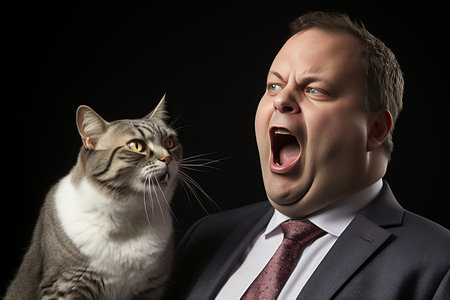Adult man experiencing a sneezing fit next to a cat with ample space for text - allergy conceptの素材