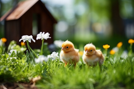 Adorable baby chicks grazing on green field - outdoor scene with ample copy spaceの素材