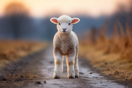 Adorable little sheep serenely grazing and roaming in a picturesque meadow bathed in warm sunlightの素材