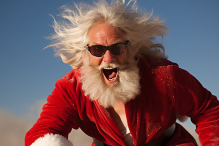 Crazy santa claus on the tropical beach with blank space for adding text and messagesの素材