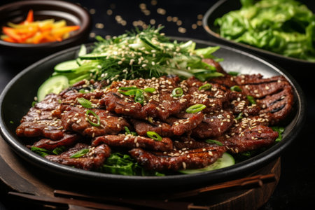 Savor the flavor. authentic south Korean bulgogi, a marinated and grilled beef dishの素材