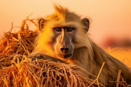 Baboon in natural habitat on African savanna with golden grass and clear blue skyの素材