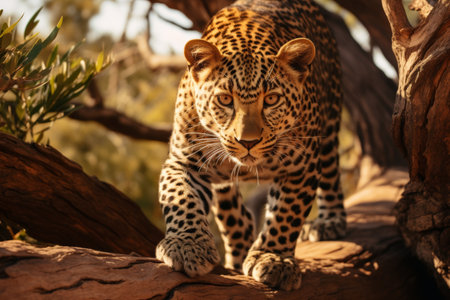 African leopard safari adventure. exploring savannah, climbing acacia trees, wildlife observationの素材