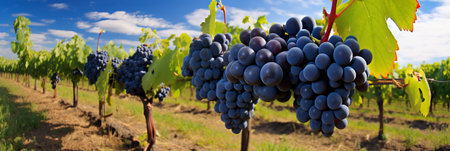 Abundant vineyard. luscious bunches of fresh grapes flourishing on a modern plantation banner