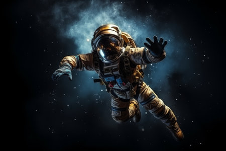 Astronaut floating in vastness of space, celebrating international day of human space flightの素材