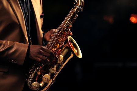 Close-up of saxophonist playing saxophone at world jazz festival, musician performing on stageの素材