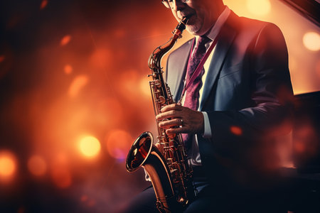 Saxophonist performing at world jazz festival. Musical concept with copy space for text.の素材