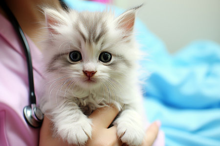Veterinarian holding adorable kitten for health checkup and vaccination servicesの素材