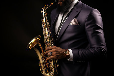 Saxophonists hands playing saxophone at jazz festival music background with copy spaceの素材