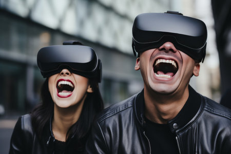 Excited couple laughing with vr glasses on vibrant city street, enjoying virtual reality experienceの素材