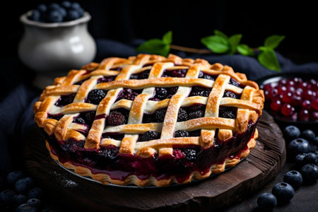 Delicious blueberry pie bursting with juicy freshness for restaurant menu with space for textの素材
