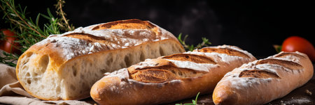 Freshly baked fragrant appetizing bread with ample space for custom text or bannerの素材