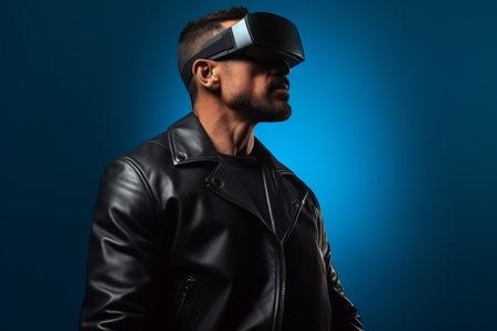 Man in vr glasses, virtual data and technology concept with copy space on blue backgroundの素材