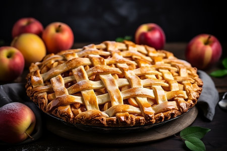 Delicious apple pie for restaurant menu with customizable toppings and space for textの素材
