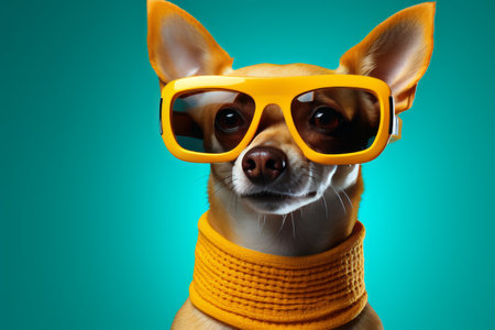 Funny chihuahua dog wearing stylish yellow glasses on light blue background with space for textの素材