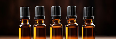 Face care products in glass dropper bottles, mockup with space for copy, skincare routine essentialsの素材