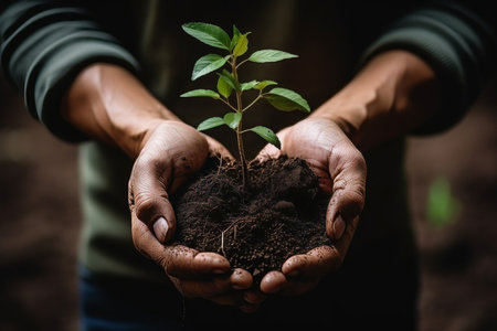 Celebrating arbor day. Growing seedlings in hands to support earth day environment and arboricultureの素材