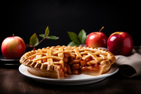 Delicious apple pie image with customizable text space for restaurant menu marketingの素材