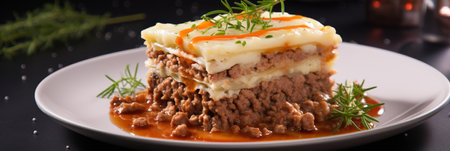 Banner. Delicious and fragrant shepherds pie classic savory pie with minced meat and mashed potatoes for the restaurant menu with space for textの素材