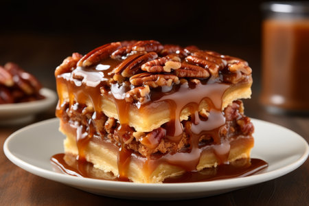 Delicious pecan pie - sweet and nutty dessert for restaurant menu with custom text spaceの素材