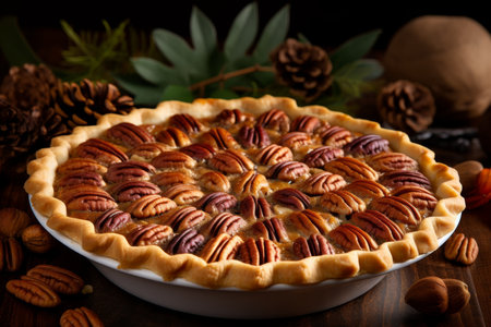 Delicious pecan pie - southern sweet and nutty dessert for restaurant menu with custom text spaceの素材