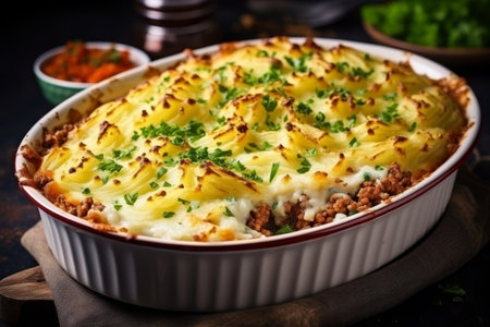 Classic shepherds pie. Delicious savory dish with minced meat and mashed potatoesの素材