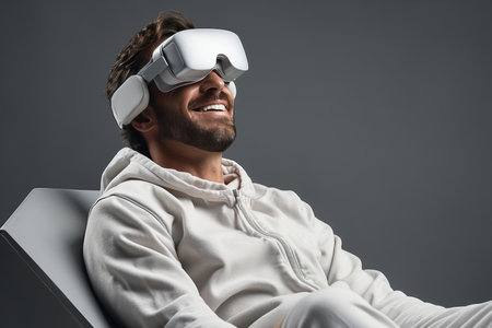 Man relaxing on sofa with virtual reality glasses, blank section for text insertionの素材