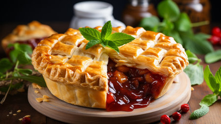 Delicious steak and ale pie, a British classic on defocused white kitchen background with copy spaceの素材