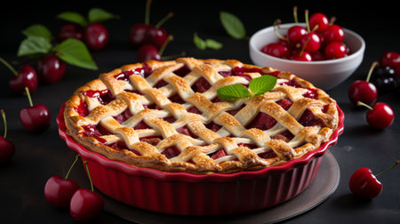 Delicious fresh cherry pie on blurred white kitchen background with copy space for textの素材
