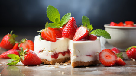Fresh strawberry pie with sweet glaze on blurred white kitchen background with copy spaceの素材