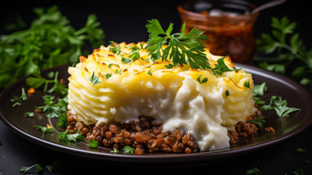 Appetizing ground beef cottage pie on blurred white kitchen background with copy spaceの素材
