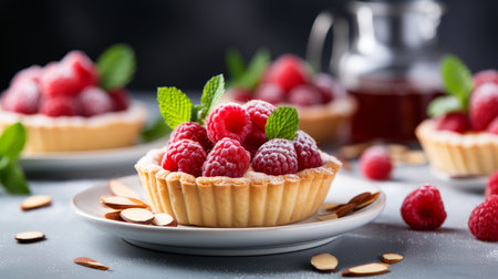 Fresh bakewell tart with frangipane and raspberry jam on white kitchen backgroundの素材