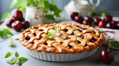 Freshly baked sweet and tart cherry pie on blurred white kitchen background with space for textの素材
