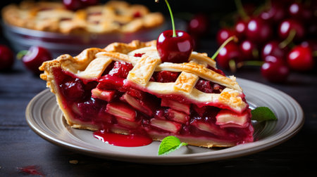 Appetizing cherry pie dessert on blurred white kitchen background with copy space for textの素材