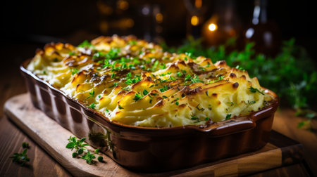 Savory ground beef cottage pie on white kitchen backdrop for delicious dinner ideaの素材