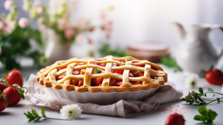Fresh rhubarb pie on white kitchen background, delicious tangy dessert with copy spaceの素材