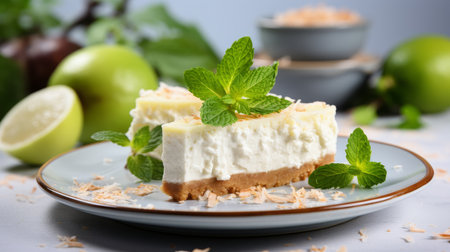 Creamy coconut cream pie with whipped topping on kitchen background, delicious dessert conceptの素材