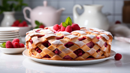 Fresh rhubarb pie with tangy flavors on blurred kitchen background with copy spaceの素材