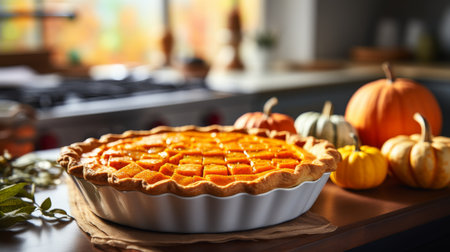 Fresh southern-style sweet potato pie on blurred kitchen background with copy space for text. Thanksgiving Dayの素材