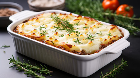 Fresh and appetizing cottage pie made with ground beef on white kitchen backgroundの素材